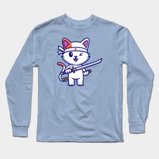 Cute Cat Holding Sword Katana Cartoon Long Sleeve T-Shirt